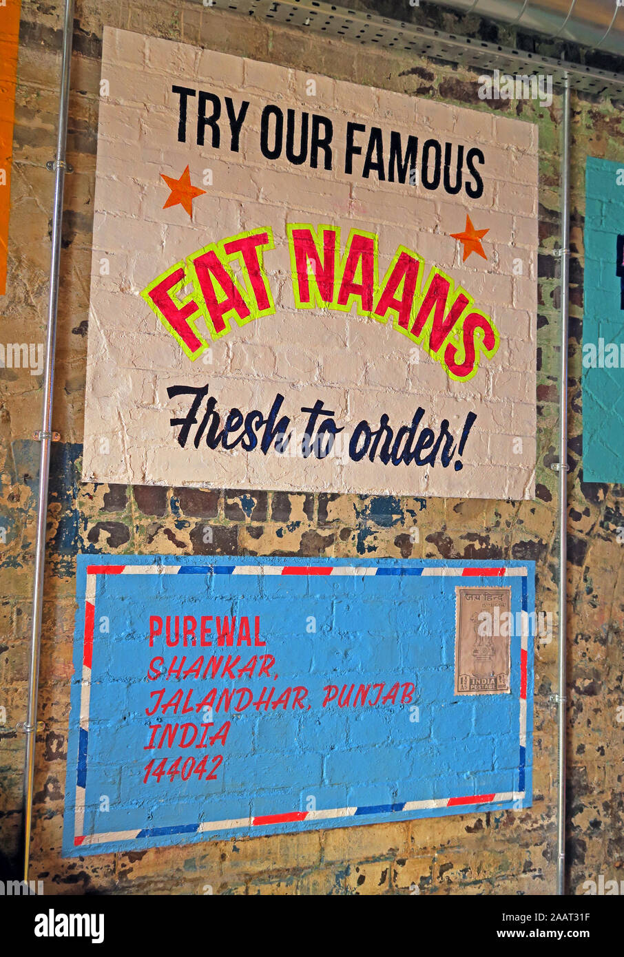 Try our famous Fat Naans, Fresh To Order!, Indian Brewery, Snowhill , Arch 16 Livery Street, Birmingham, B3 1EU Stock Photo