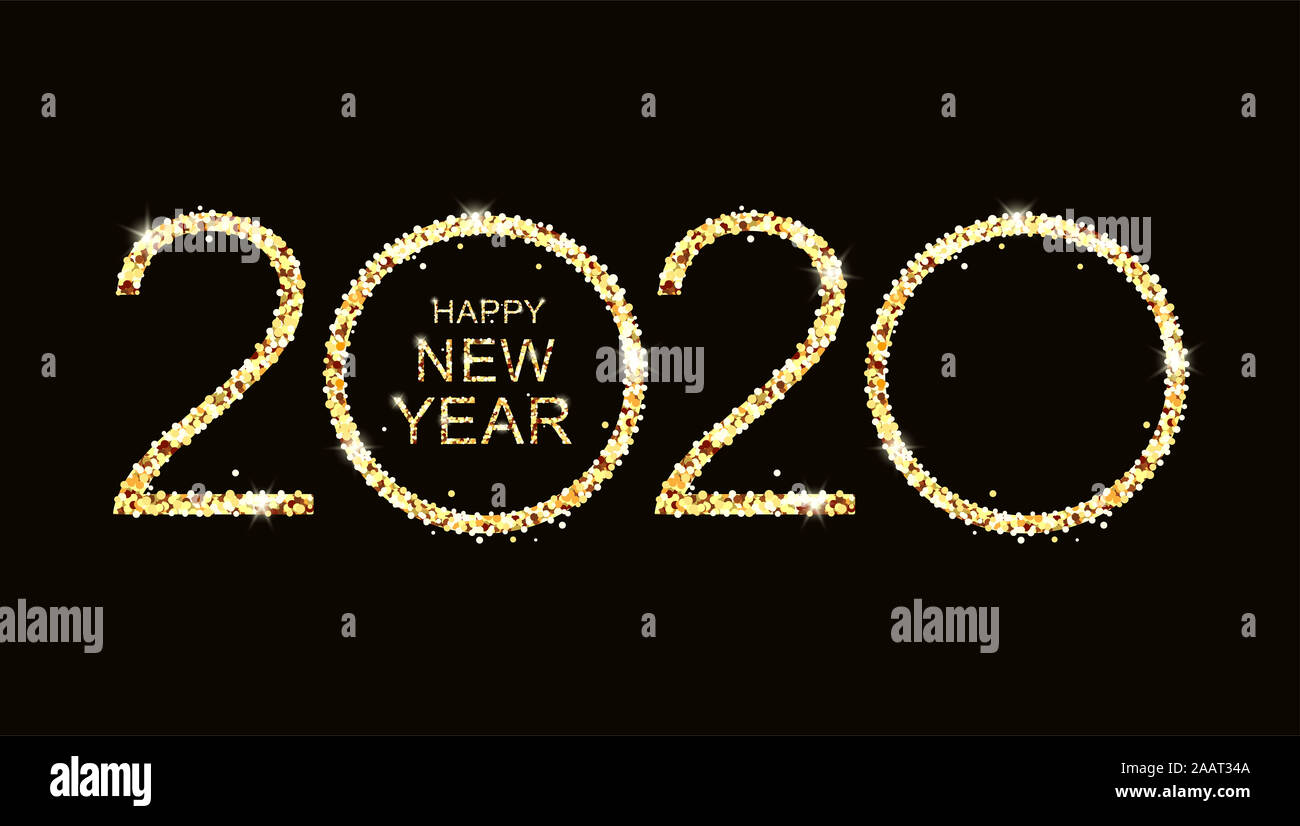 Happy New Year 2020 with glitter on black background. Golden luxury ...