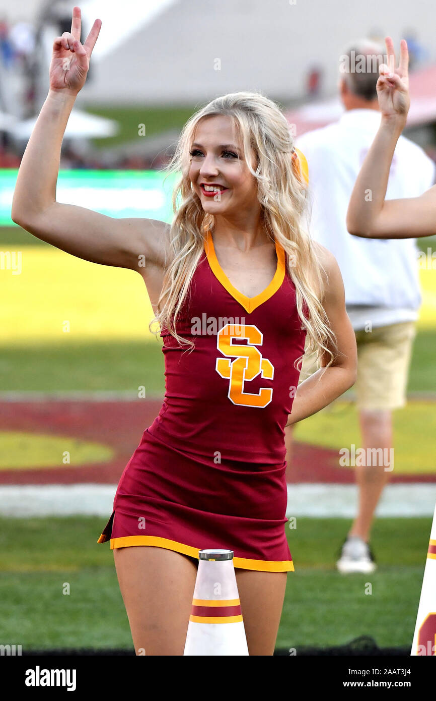Los Angeles, CA. 23rd Nov, 2019. A USC Cheerleader performs during the third quarter of the NCAA Football game between the USC Trojans and the UCLA Bruins at the Coliseum in Los Angeles, California.The USC Trojans defeat the UCLA Bruins 52-35.Mandatory Photo Credit : Louis Lopez/CSM/Alamy Live News Stock Photo