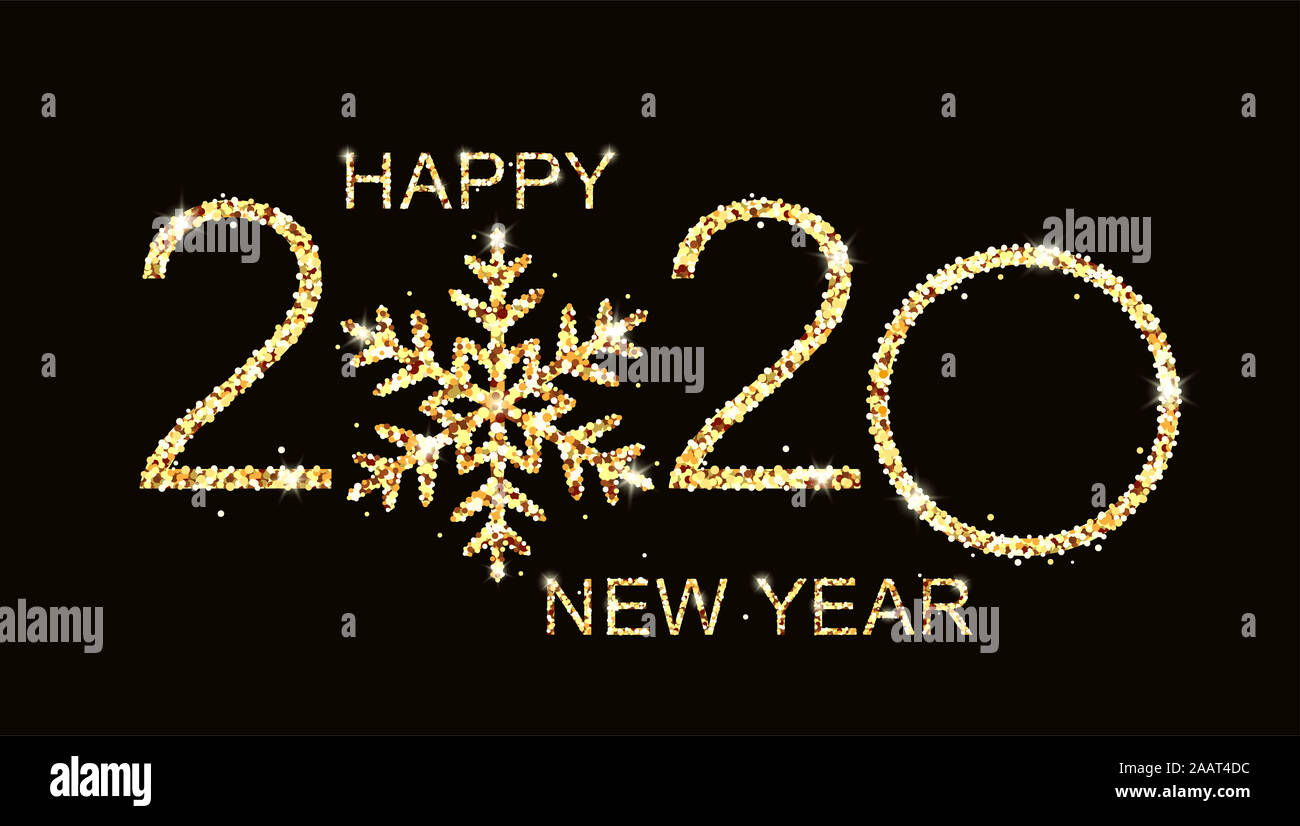 Happy New Year 2020 golden text design with snowflake on black ...