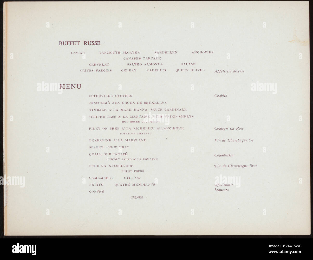 DINNER IN HONOR OF MARCUS A HANNA (held by) UNION CLUB (at) UNION CLUB, CLEVELAND, OH (OTHER (PRIVATE CLUB)-) WINES; FIRST COURSE CALLED BUFFET RUSSE; SEATING PLAN WITH SEAT OF M.A. HANNA AND TOASTMASTER, AND POSITION OF ORCHESTRA MARKED;; DINNER IN HONOR OF MARCUS A. HANNA [held by] UNION CLUB [at] UNION CLUB, CLEVELAND, OH (OTHER (PRIVATE CLUB):) Stock Photo