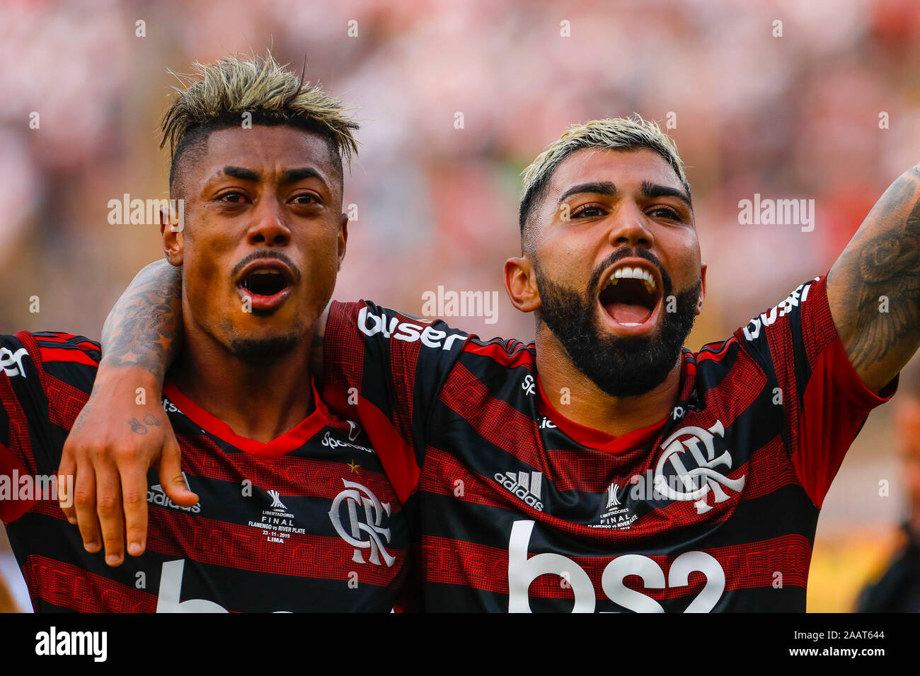 Lima, Peru. 23rd Nov, 2019. Bruno Henrique and Gabriel celebrate wins  after the 2019 Copa Libertadores Final between Flamengo of Brazil and River Plate of Argentina at Estadio Monumental 'U'  in Lima, Peru on 23 Nov 2019. Credit: SPP Sport Press Photo. /Alamy Live News Stock Photo