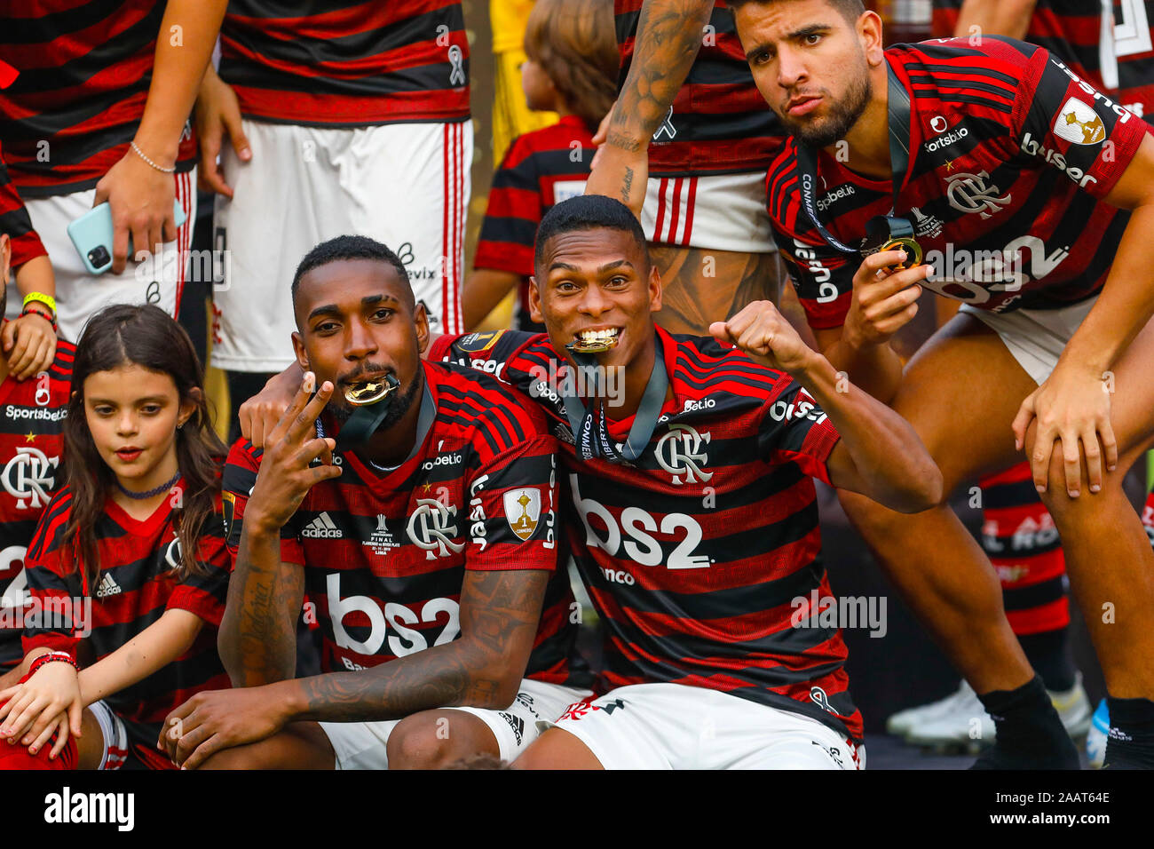 Lima, Peru. 23rd Nov, 2019. Gerson and Lucas Silva celebrate wins after the 2019 Copa Libertadores Final between Flamengo of Brazil and River Plate of Argentina at Estadio Monumental "U"  in Lima, Peru on 23 Nov 2019. Credit: SPP Sport Press Photo. /Alamy Live News Stock Photo