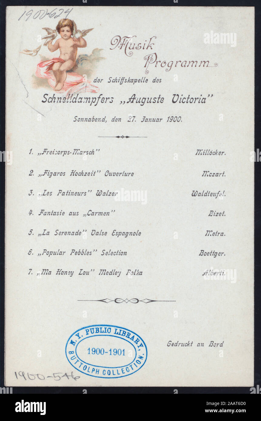 DINNER MENU (held by) HAMBURG-AMERIKA LINIE (at) SCHNELLDAMPFER- AUGUSTE VICTORIA (SS;) GERMAN; MUSICAL PROGRAM LISTED WITH ILLUSTRATIONS ON BACK COVER; DINING SALON ILLUSTRATES FRONT COVER; DINNER MENU [held by] HAMBURG-AMERIKA LINIE [at] SCHNELLDAMPFER: AUGUSTE VICTORIA (SS;) Stock Photo