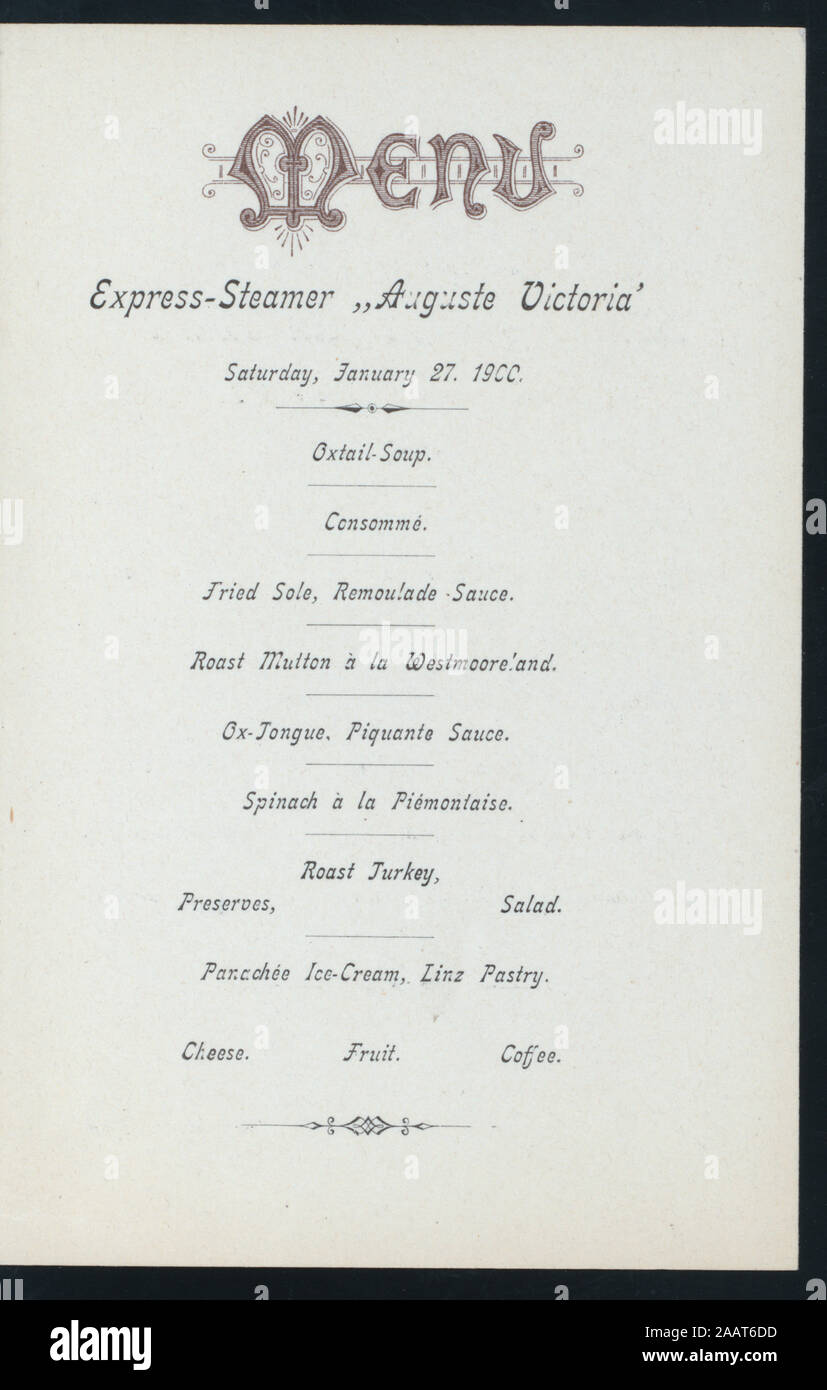 DINNER MENU (held by) HAMBURG-AMERIKA LINIE (at) SCHNELLDAMPFER- AUGUSTE VICTORIA (SS;) GERMAN; MUSICAL PROGRAM LISTED WITH ILLUSTRATIONS ON BACK COVER; DINING SALON ILLUSTRATES FRONT COVER; DINNER MENU [held by] HAMBURG-AMERIKA LINIE [at] SCHNELLDAMPFER: AUGUSTE VICTORIA (SS;) Stock Photo