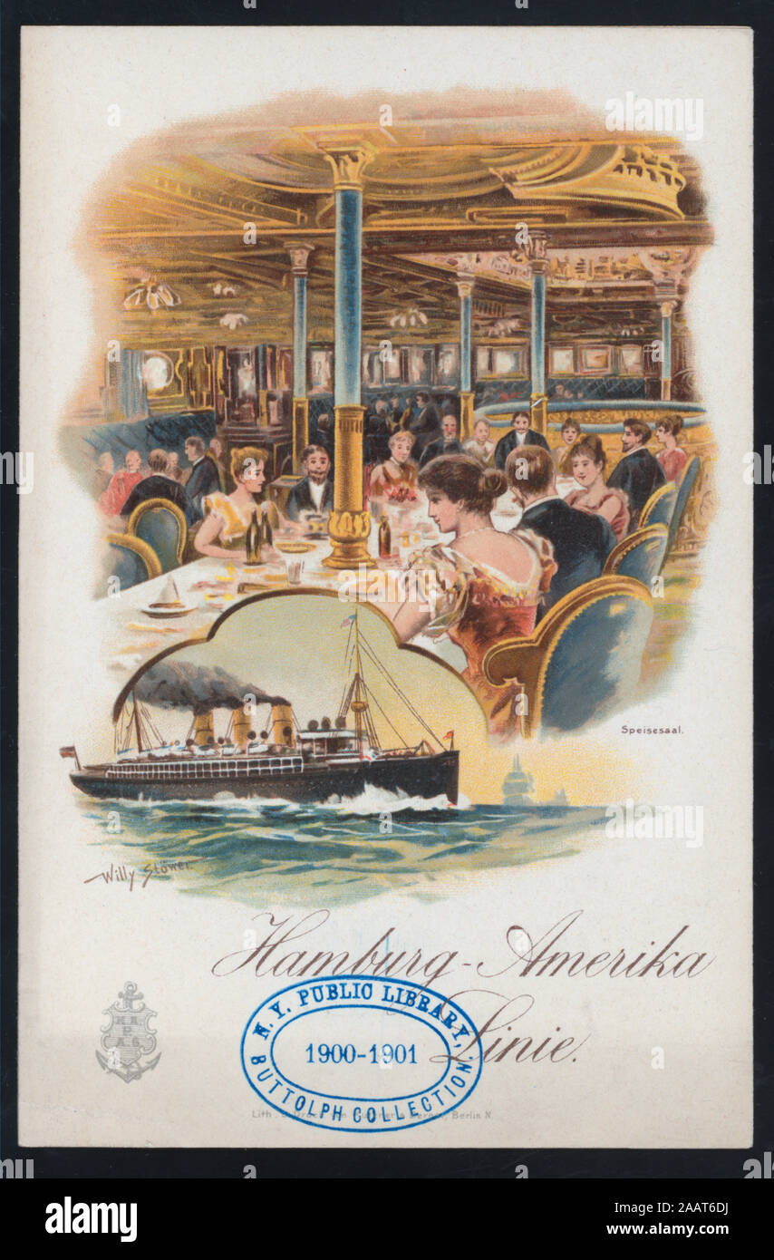 DINNER MENU (held by) HAMBURG-AMERIKA LINIE (at) SCHNELLDAMPFER- AUGUSTE VICTORIA (SS;) GERMAN; MUSICAL PROGRAM LISTED WITH ILLUSTRATIONS ON BACK COVER; DINING SALON ILLUSTRATES FRONT COVER; DINNER MENU [held by] HAMBURG-AMERIKA LINIE [at] SCHNELLDAMPFER: AUGUSTE VICTORIA (SS;) Stock Photo