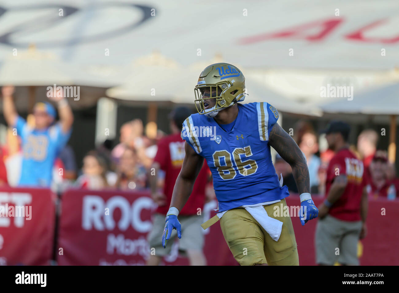 UCLA Bruins tight end Devin Asiasi (86) after scoring a touchdown during the UCLA Bruins vs USC Trojans football game at United Airlines Field at the Los Angeles Memorial Coliseum on Saturday November 23, 2019 (Photo by Jevone Moore) Stock Photo