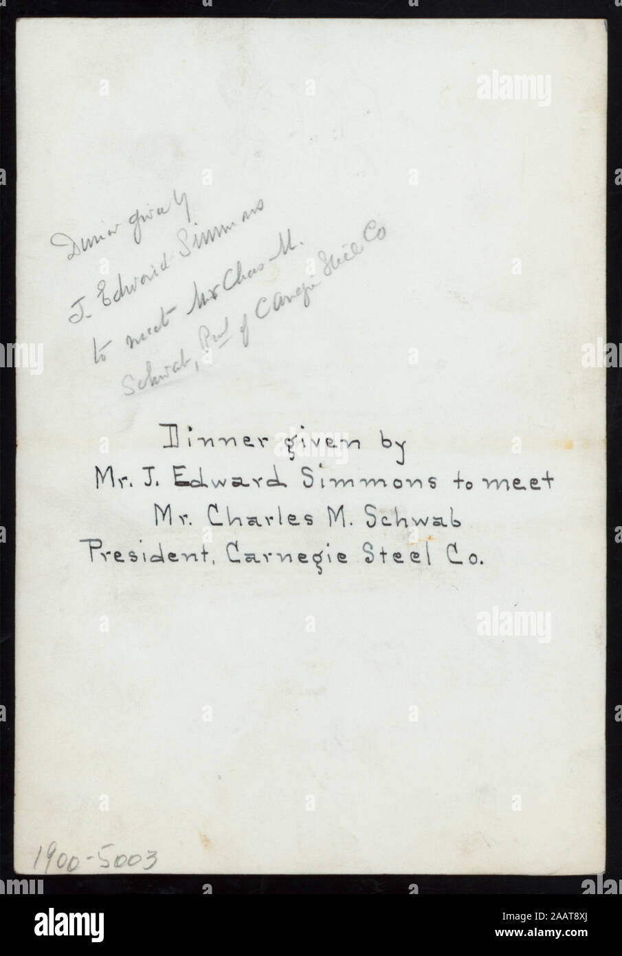 DINNER TO MEET CHARLES SCHWAB,PRESIDENT OF CARNEGIE STEEL CO) (held by) (JEDWARD SIMMONS) (at) UNIVERSITY CLUB (OTHER (PRIVATE CLUB);) SPONSOR AND EVENT HANDWRITTEN ON BACK IN PENCIL; FRENCH MENU; MONOGRAM; DINNER TO MEET CHARLES SCHWAB, PRESIDENT OF CARNEGIE STEEL CO.] [held by] [J.EDWARD SIMMONS?] [at] UNIVERSITY CLUB (OTHER (PRIVATE CLUB);) Stock Photo