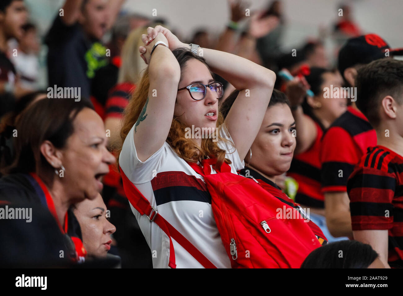 Rio De Janeiro, Brazil. 23rd Nov, 2019. Supporters crowded the Maracana stadium on Saturday (23) at the 2019 Final Fun Fest Libertadores to watch the Copa Libertadores of America final between Flamengo and River Plate. The event also features performances by Buchecha, DJ Marlboro, Ivo Meirelles and Ludmilla. Credit: Lorando Labbe/FotoArena/Alamy Live News Stock Photo