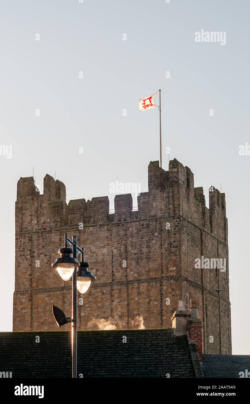 English Heritage flag atop the keep of Richmond Castle, North Yorkshire ...