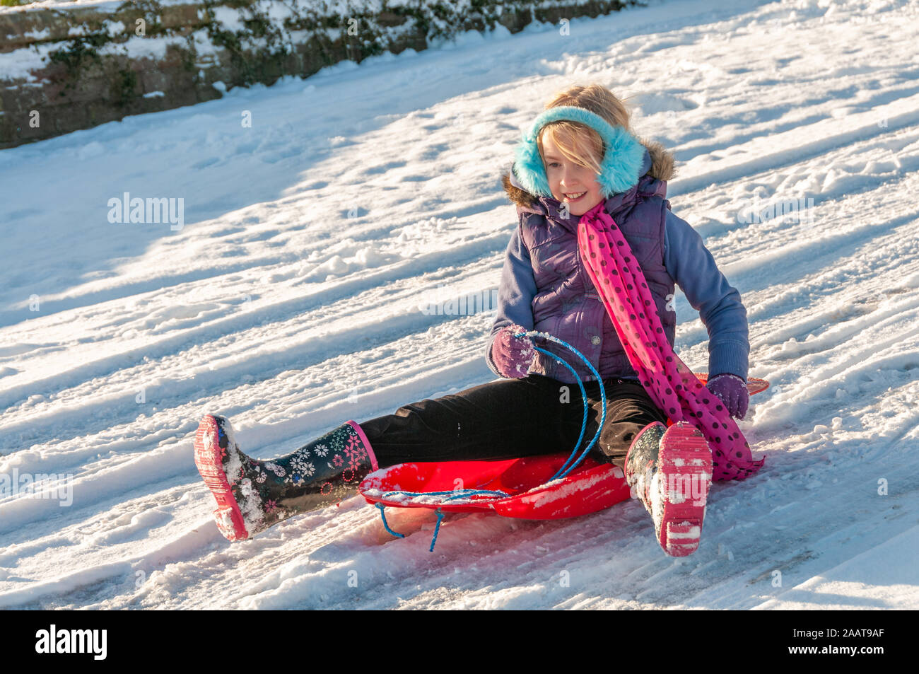 Happy young vibrantly dressed girl sledging with blue ear muffs Stock Photo