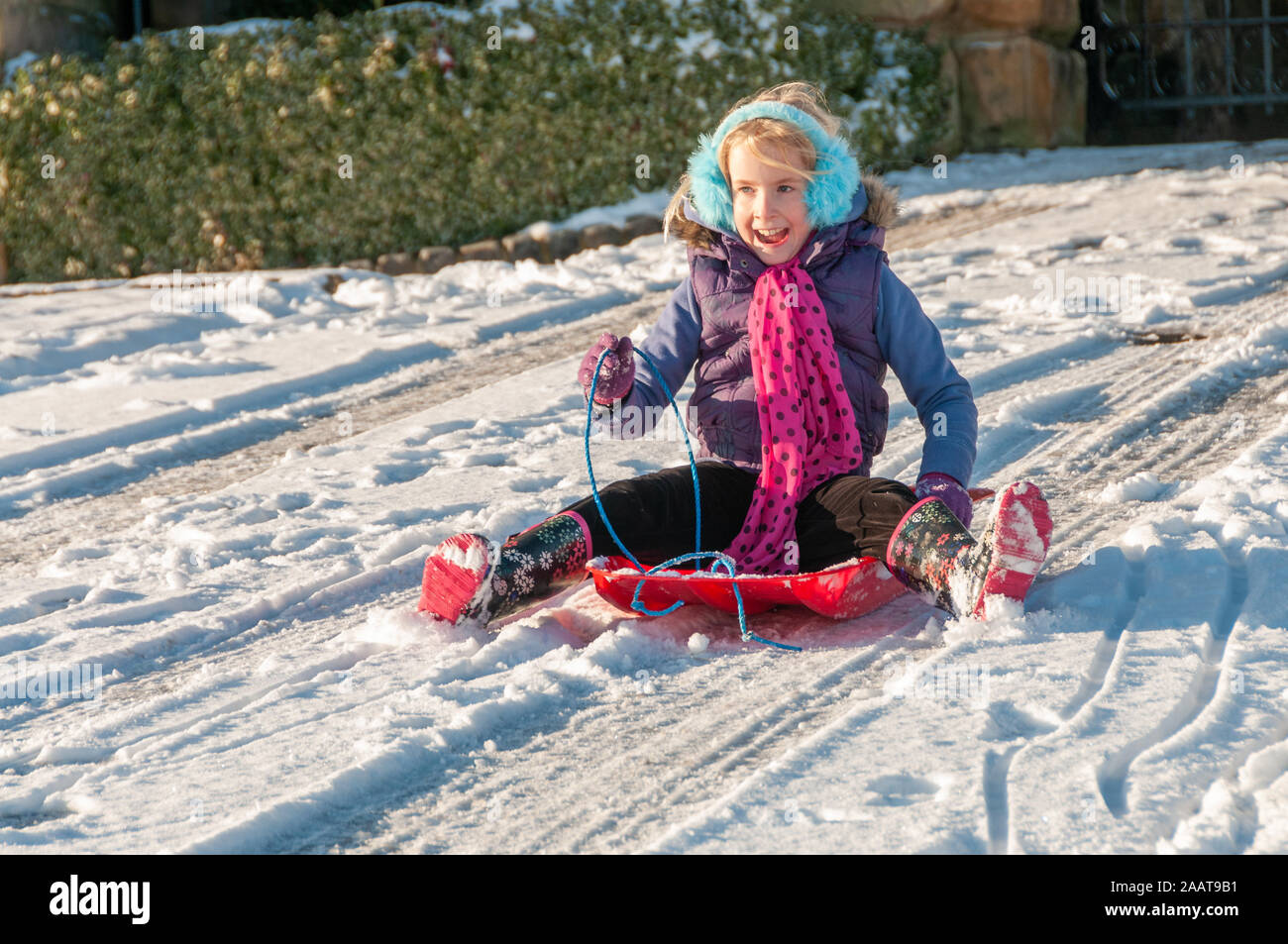 Laughing, vibrantly dressed young girl with blue ear muffs sledging down a slope Stock Photo