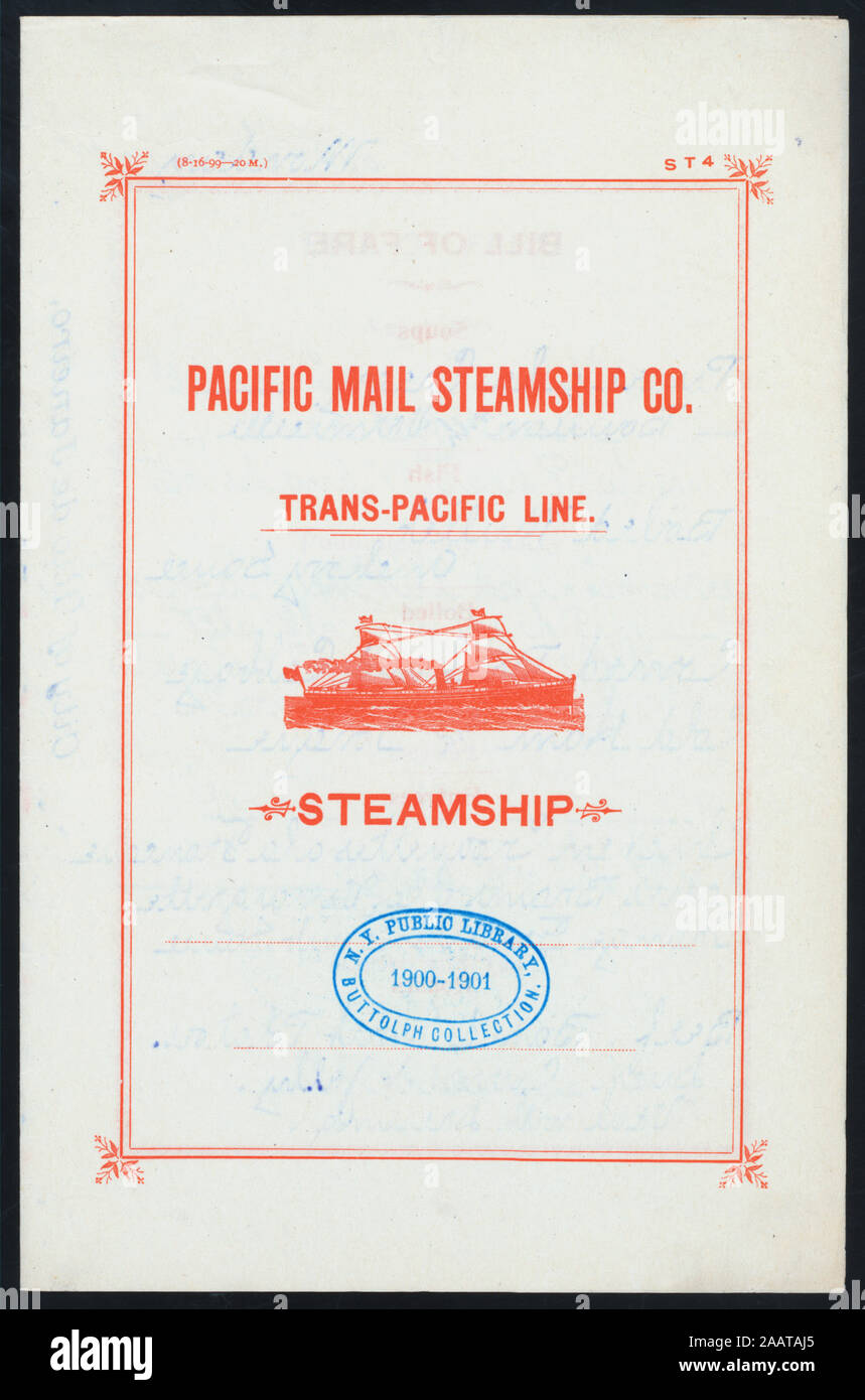 DINNER) (held by) PACIFIC MAIL STEAMSHIP CO (at) SS CITY OF RIO DE JANEIRO (SS;) ILLUS: STEAMSHIP 1900-3273; DINNER] [held by] PACIFIC MAIL STEAMSHIP CO. [at] SS CITY OF RIO DE JANEIRO (SS;) Stock Photo