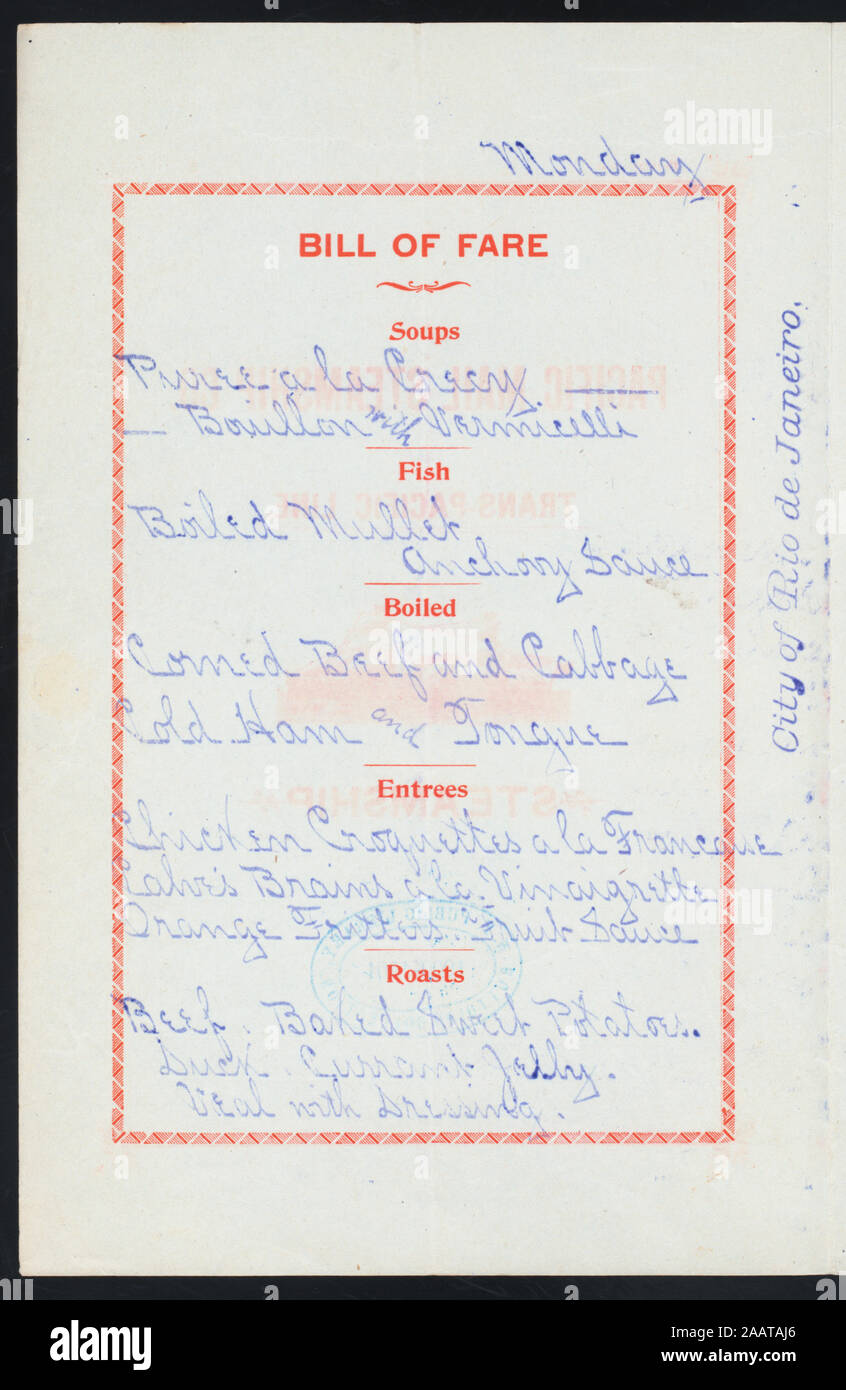 DINNER) (held by) PACIFIC MAIL STEAMSHIP CO (at) SS CITY OF RIO DE JANEIRO (SS;) ILLUS: STEAMSHIP 1900-3273; DINNER] [held by] PACIFIC MAIL STEAMSHIP CO. [at] SS CITY OF RIO DE JANEIRO (SS;) Stock Photo