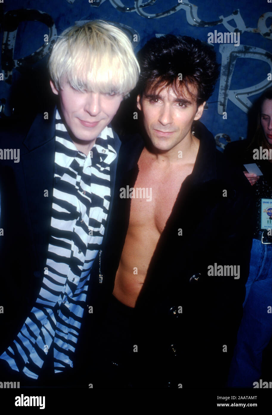 Las Vegas, Nevada, USA 11th March 1995 (L-R) Musicians Nick Rhodes and Warren Cuccurullo of Duran Duran attend the Grand Opening Celebration of the Hard Rock Hotel hosted by Peter Morgan on March 11, 1995 at The Hard Rock Hotel Las Vegas in Las Vegas, Nevada, USA. Photo by Barry King/Alamy Stock Photo Stock Photo