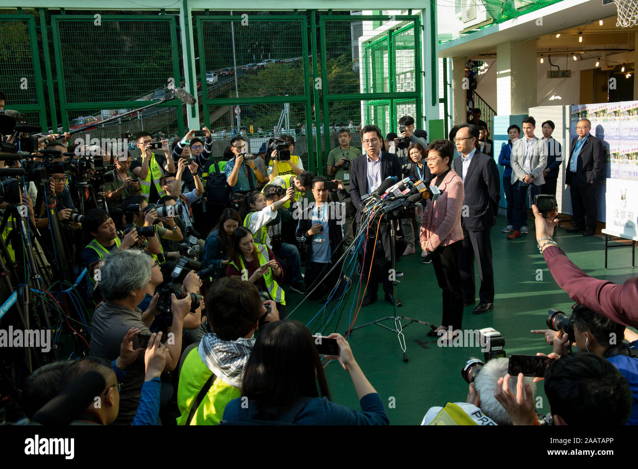 Hong Kong, China. 24 November 2019.  Chief Executive, CARRIE LAM, votes in the district council elections and meets the press. The election is predicted to show Hong Kongers true views following 5 months of protests. Jayne Russell/Alamy Live News Stock Photo