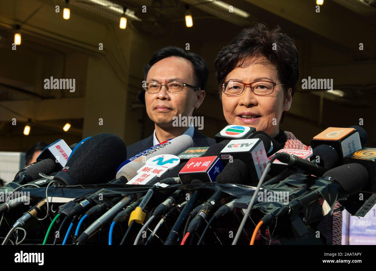 Hong Kong, China. 24 November 2019.  Chief Executive, CARRIE LAM, votes in the district council elections and meets the press. The election is predicted to show Hong Kongers true views following 5 months of protests. Jayne Russell/Alamy Live News Stock Photo