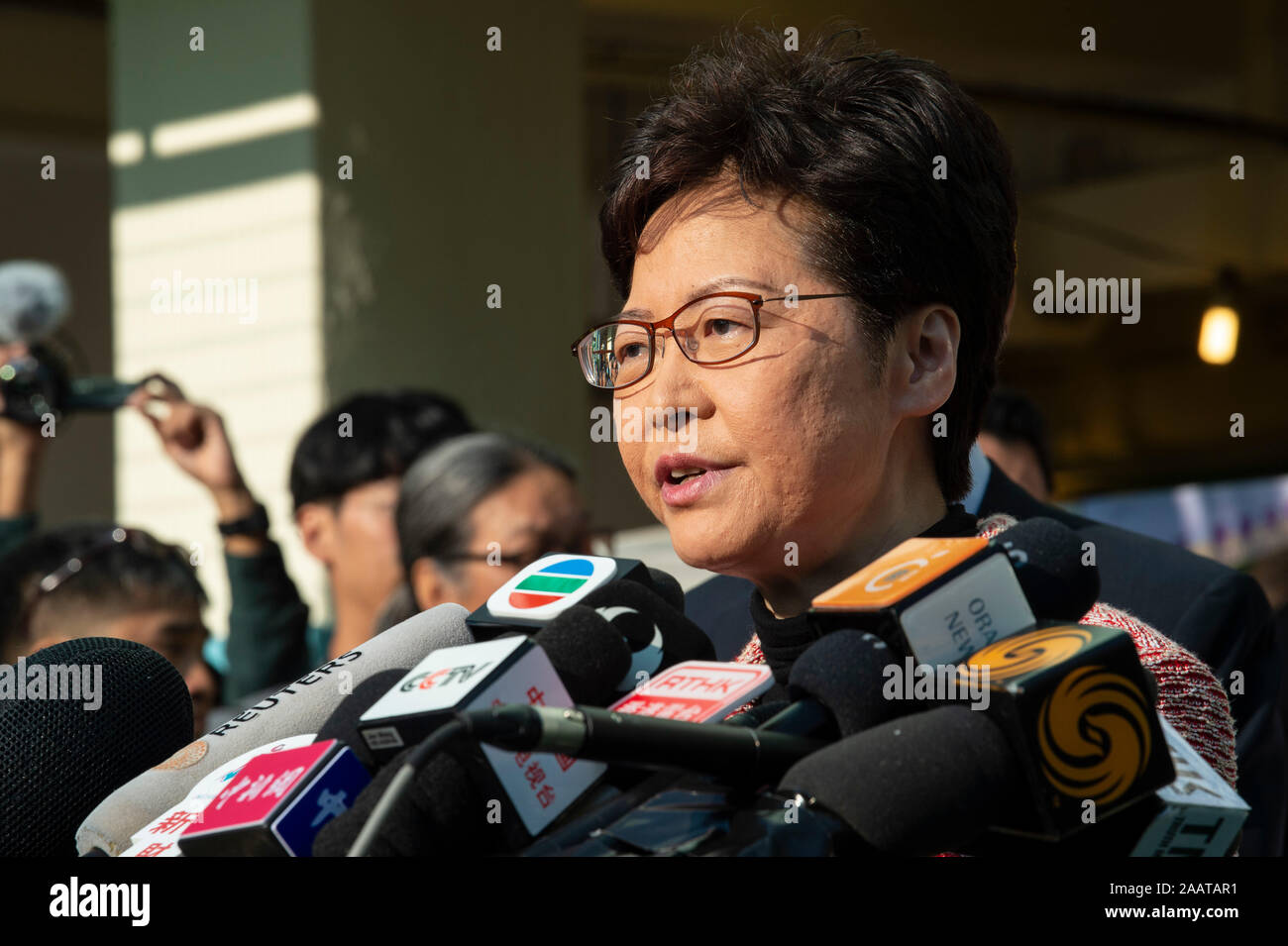 Hong Kong, China. 24 November 2019.  Chief Executive, CARRIE LAM, votes in the district council elections and meets the press. The election is predicted to show Hong Kongers true views following 5 months of protests. Jayne Russell/Alamy Live News Stock Photo