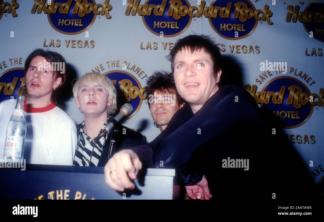 Las Vegas, Nevada, USA 11th March 1995 (L-R) Musicians John Taylor, Nick Rhodes, Warren Cuccurullo and Simon Le Bon of Duran Duran attend the Grand Opening Celebration of the Hard Rock Hotel hosted by Peter Morgan on March 11, 1995 at The Hard Rock Hotel Las Vegas in Las Vegas, Nevada, USA. Photo by Barry King/Alamy Stock Photo Stock Photo