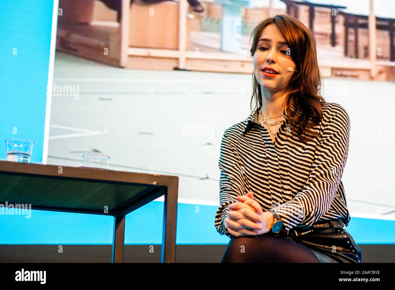 Stefanie Joosten, visual and voice model for Quiet, a central female character in the Metal Gear game Metal Gear Solid V: The Phantom Pain, speaking during the tech festival.At the Expo Haarlemmermeer the ninth edition of the biggest tech festival in Netherlands, 'Bright Day' took place during the last weekend of November. This festival brings all the latest developments in technology, design and new travel options. Stock Photo