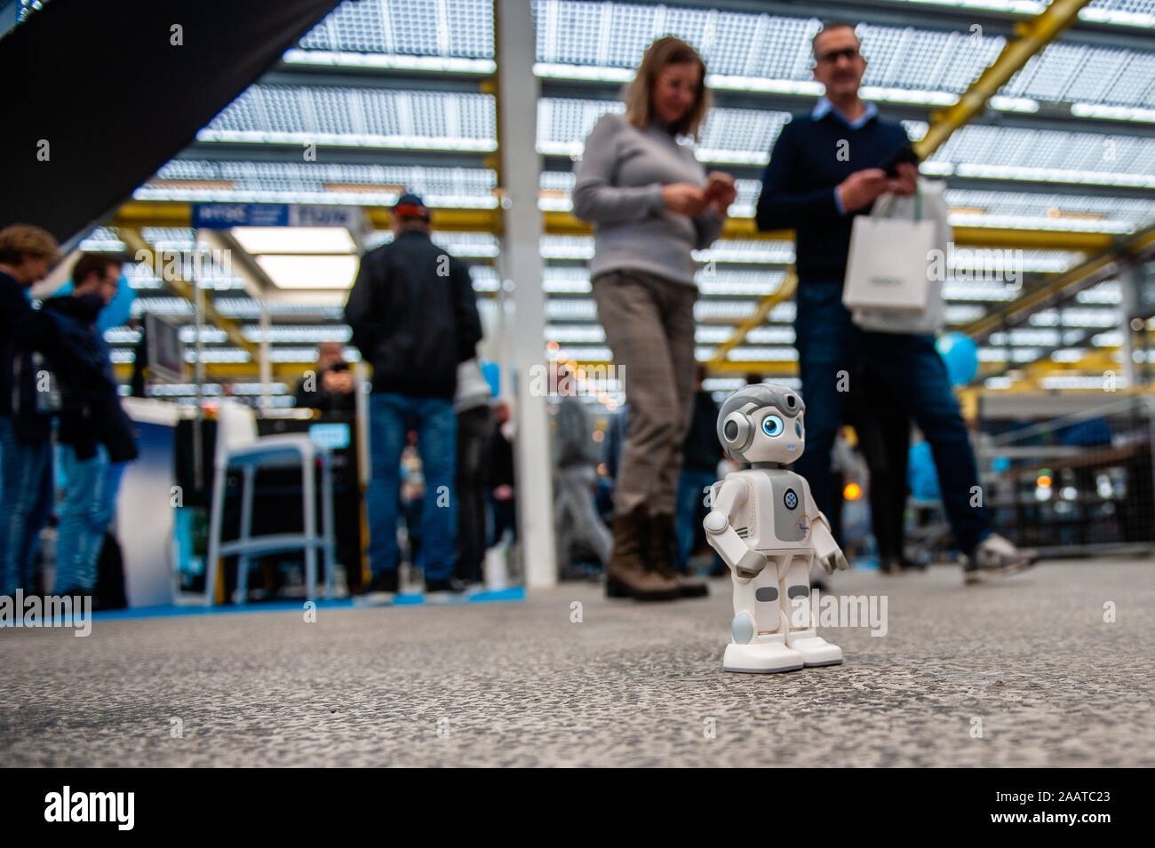 A mini robot walking around the place during the tech festival.At the Expo  Haarlemmermeer the ninth edition of the biggest tech festival in  Netherlands, 'Bright Day' took place during the last weekend