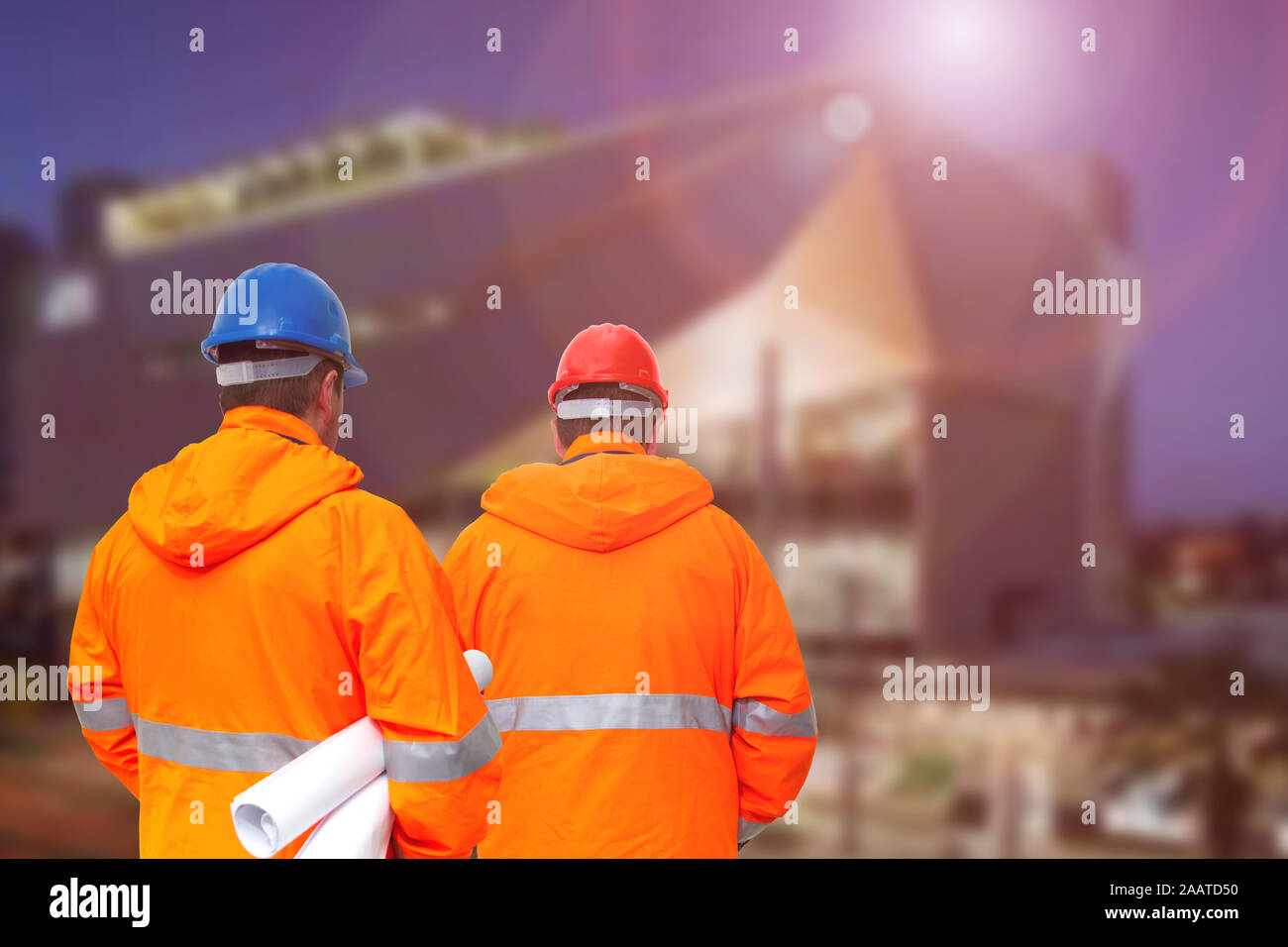 Two engineers looking at consrtuction site Stock Photo