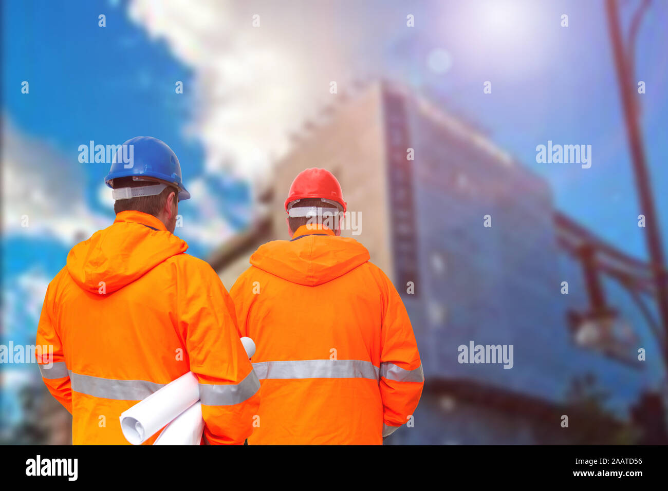 Two engineers looking at consrtuction site Stock Photo
