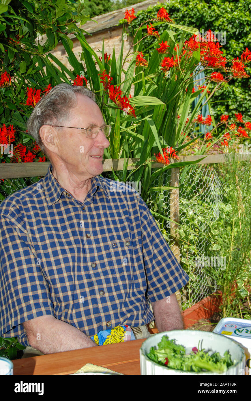 Elderly man enjoys sitting in a garden Stock Photo