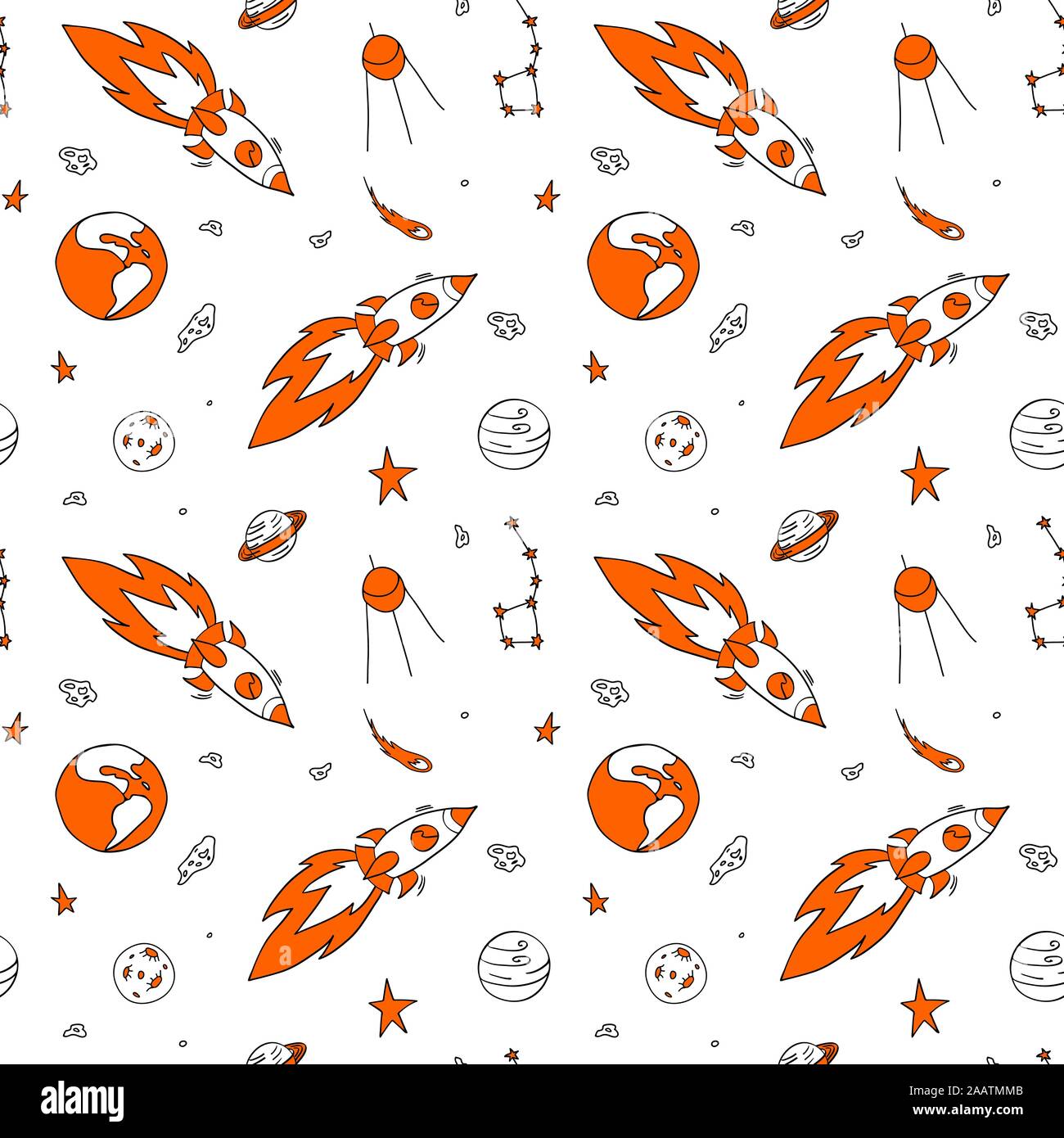 Space seamless pattern. Hand drawn cosmic objects with orange details on white background. Vector illustartion. Stock Vector