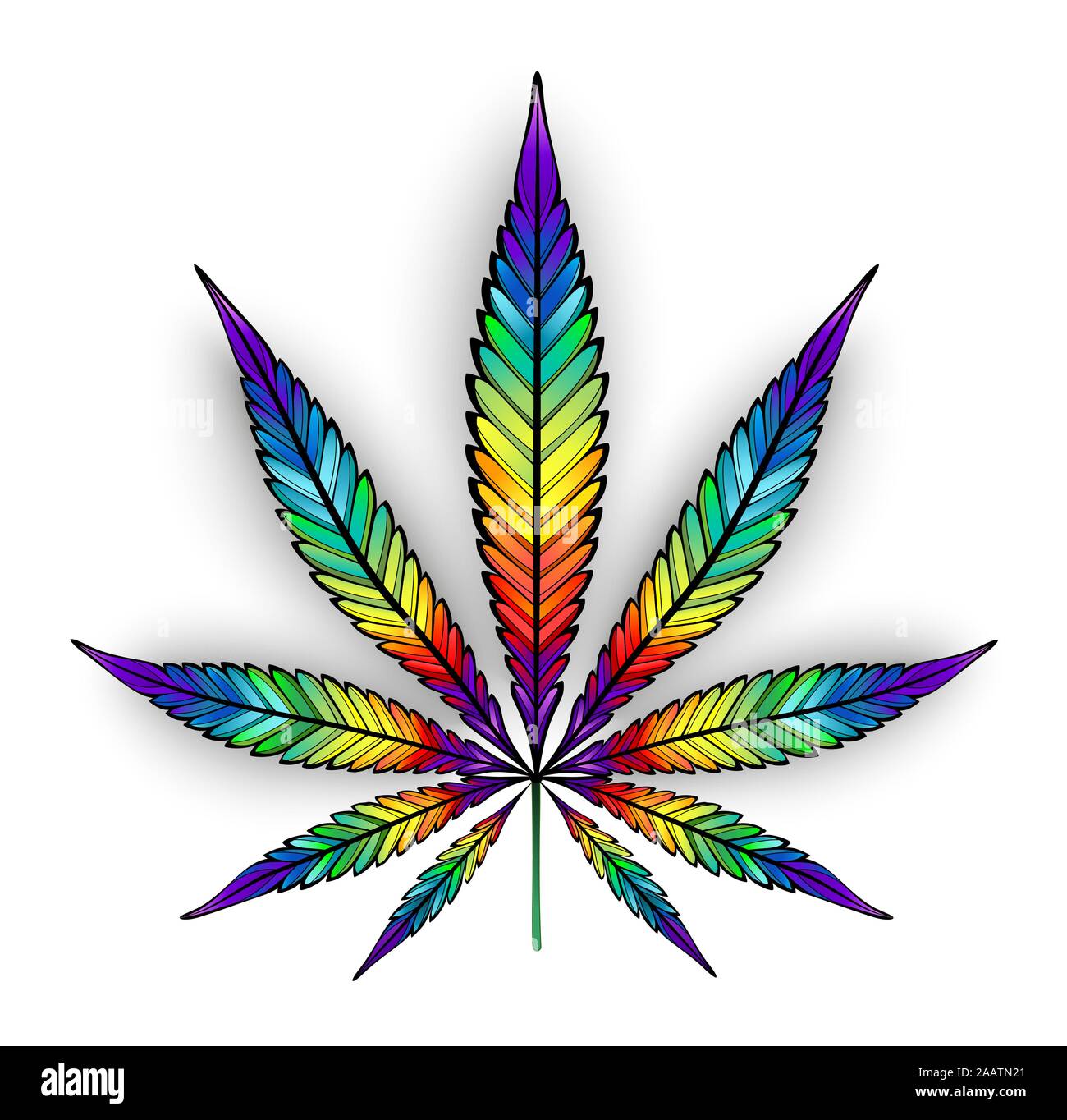 Artistically drawn, rainbow, bright, isolated cannabis leaf on white background. Stock Vector