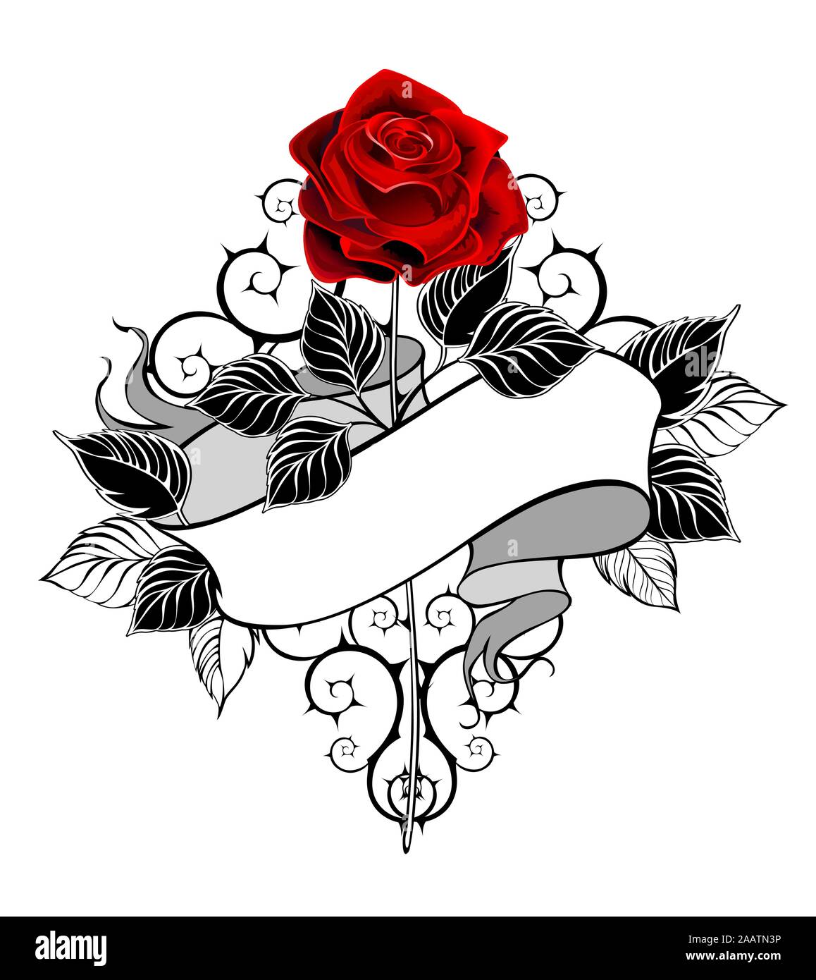 Sketch tattoo Rose on a long stem and ribbon Color Vintage style   Illustration