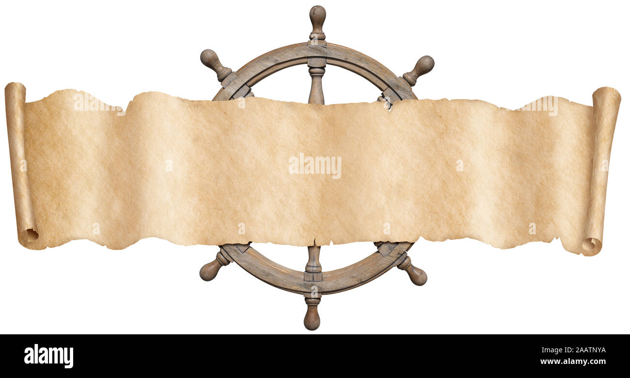 Old pirates map scroll and steering-wheel isolated on white Stock Photo