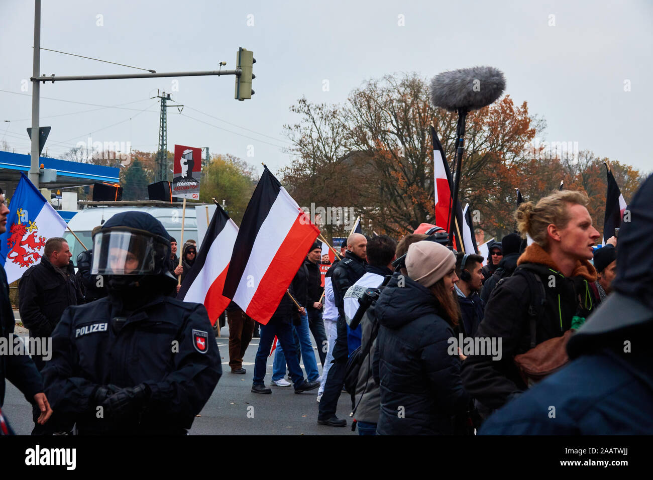 Hannover, Germany, November 23., 2019: Demonstration of the right-wing extremist National Socialist NPD with old black-white-red flags of the German R Stock Photo