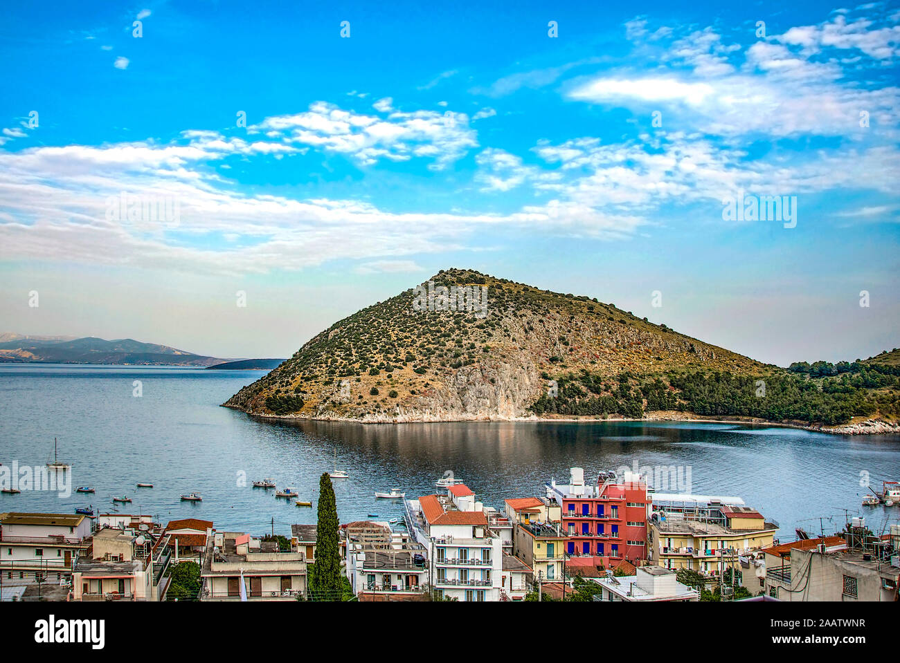 Greece,Peloponesse,Tolo town near Nafplion city. View of the sea and a small island Stock Photo