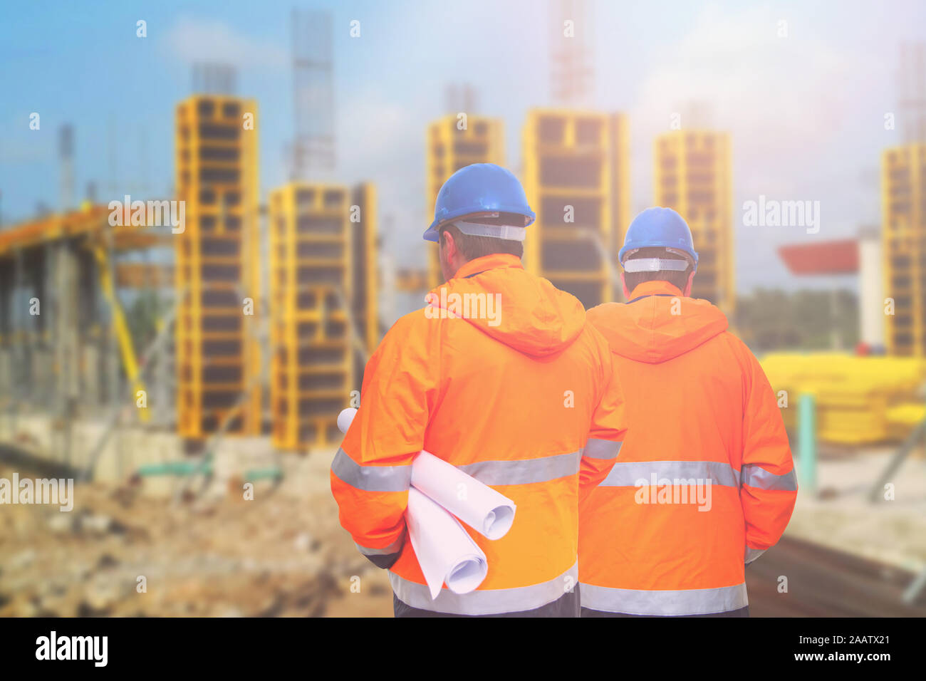 Two engineers looking at consrtuction site Stock Photo