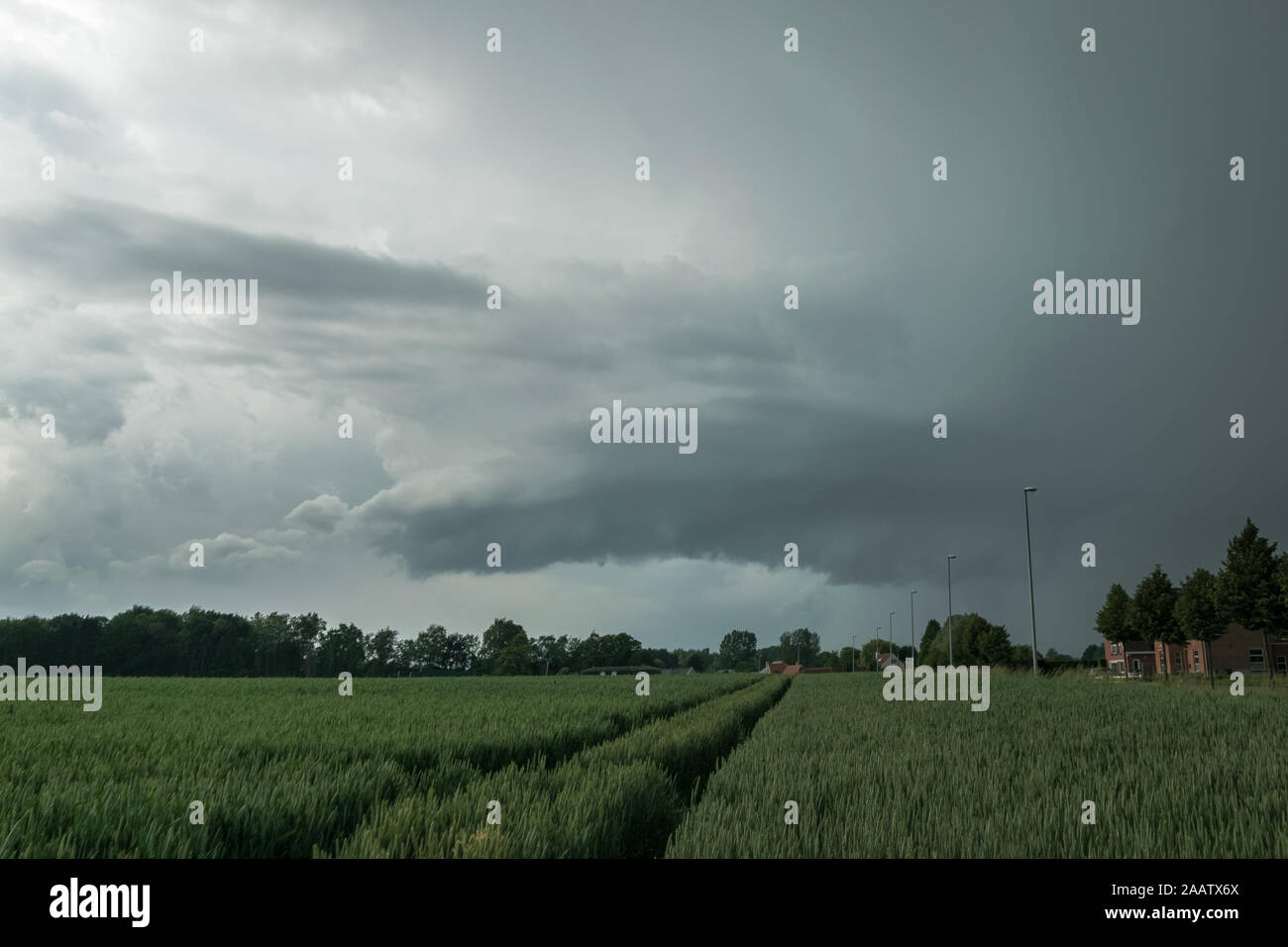 Rotating wallcloud of a supercell thunderstorm, south of the city of Ghent, Belgium. Stock Photo
