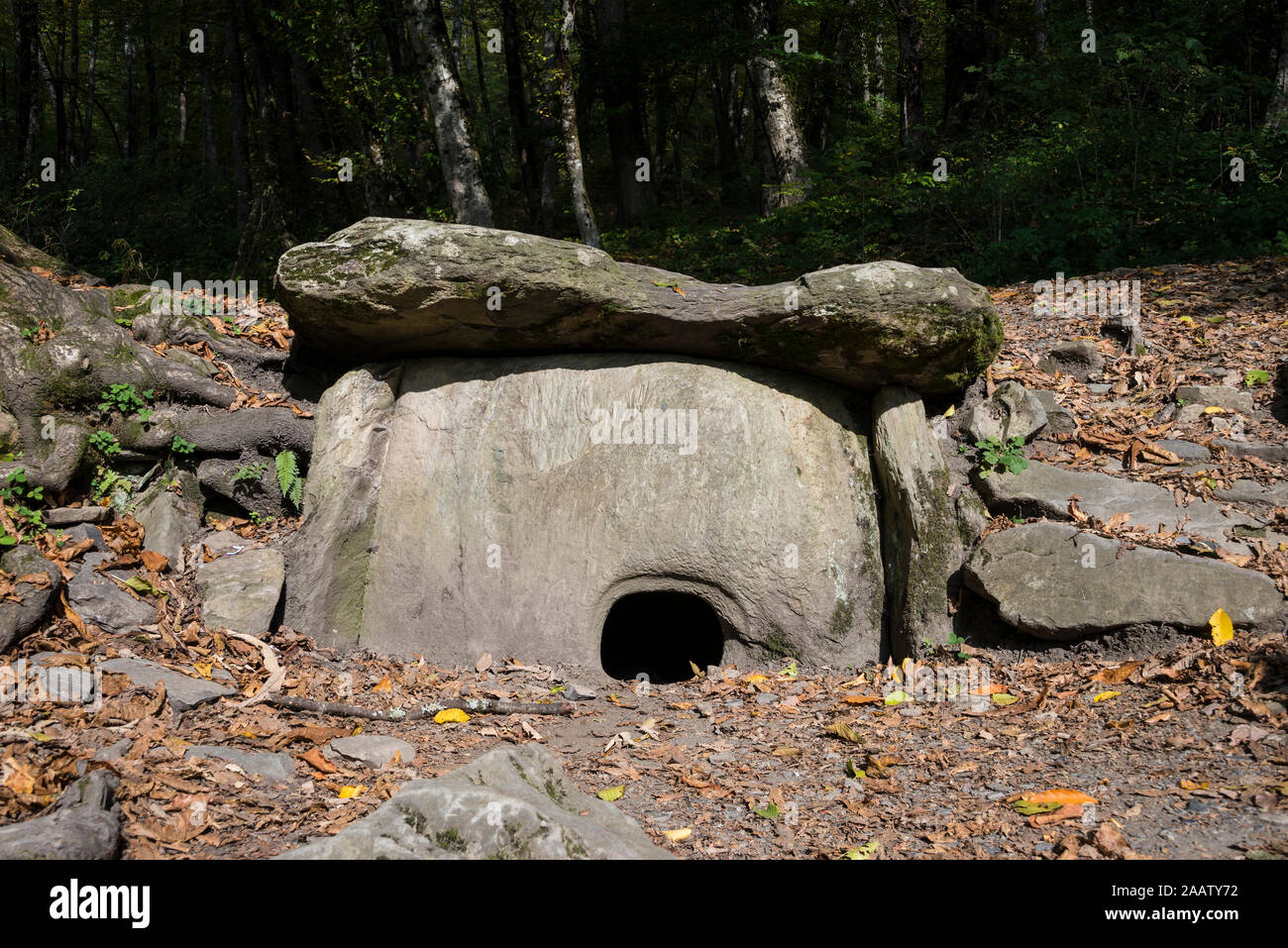 Dolmens in the forest near Krasnaya Polyana, Sochi, Russia. On a clear day on October 26, 2019 Stock Photo