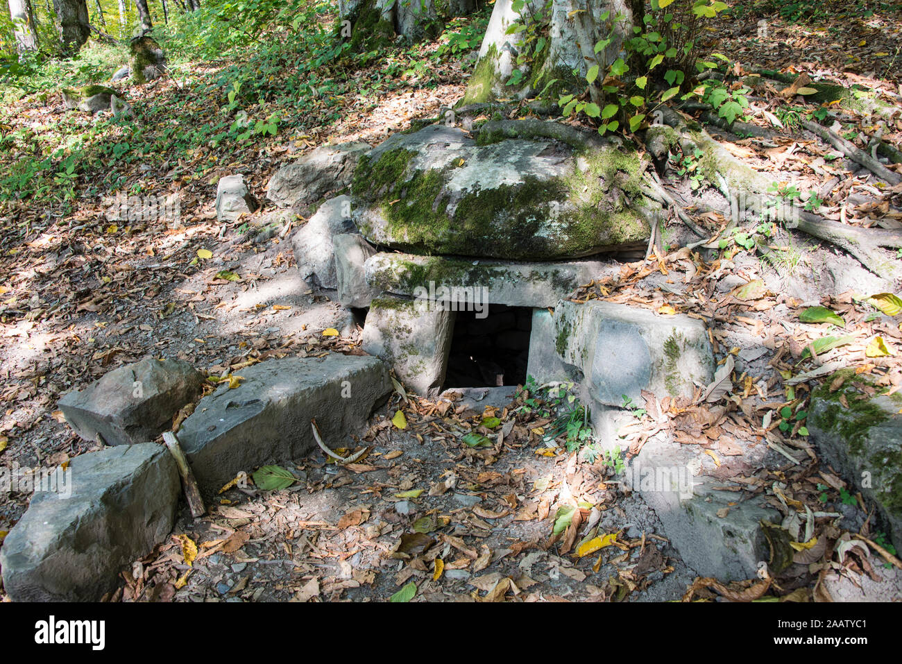 Dolmens in the forest near Krasnaya Polyana, Sochi, Russia. On a clear day on October 26, 2019 Stock Photo