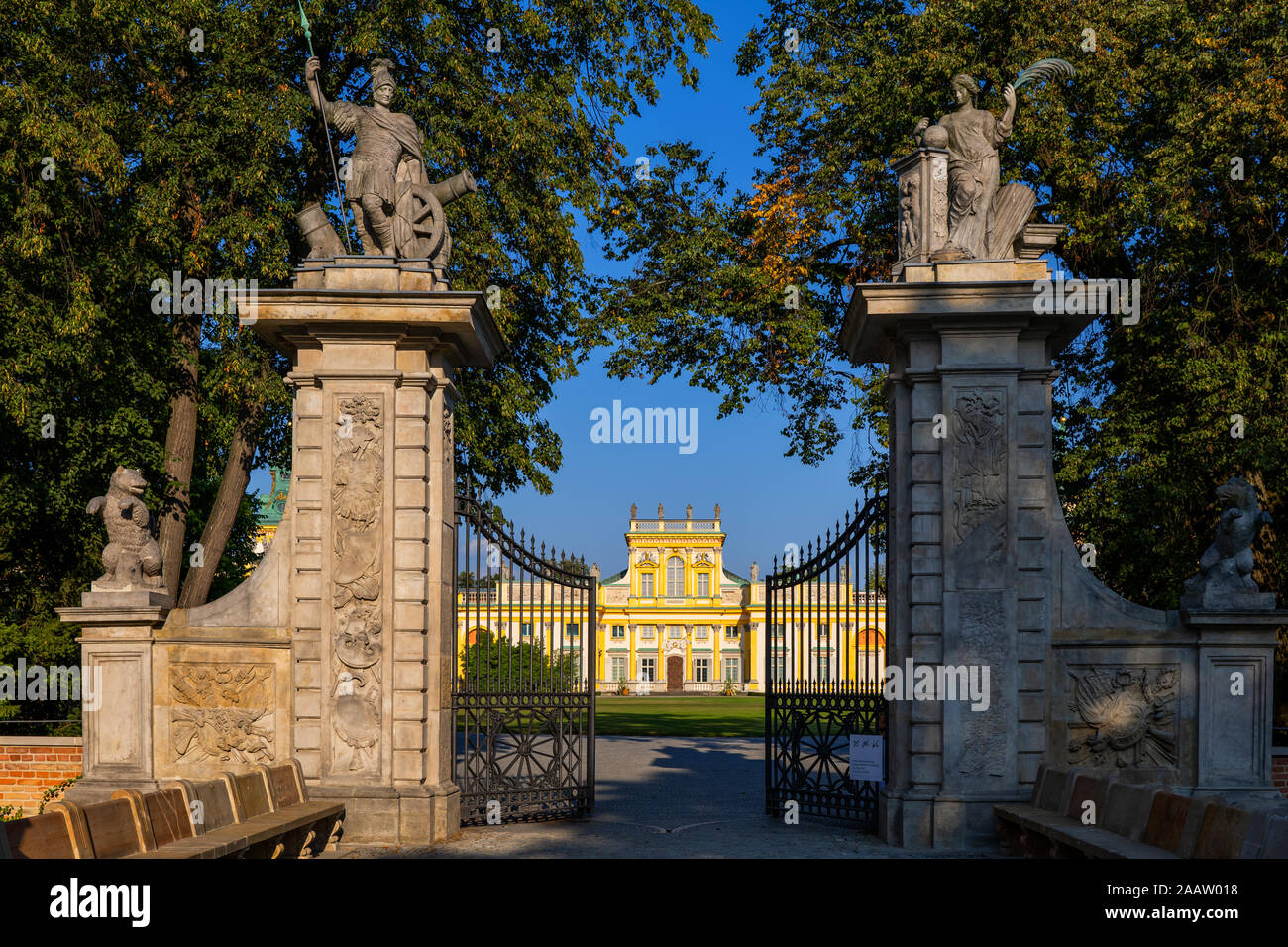 Main gate to the Wilanow Palace in Warsaw, Poland, Baroque royal residence of King John Sobieski III, 17th century city landmark. Stock Photo