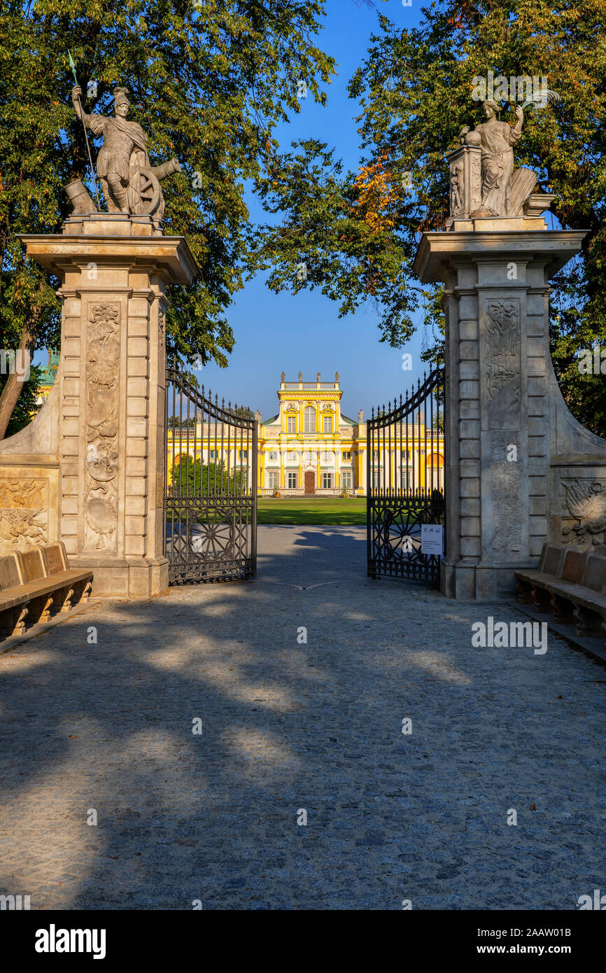 Main gate to the Wilanow Palace in Warsaw, Poland, Baroque royal residence of King John Sobieski III, 17th century city landmark. Stock Photo