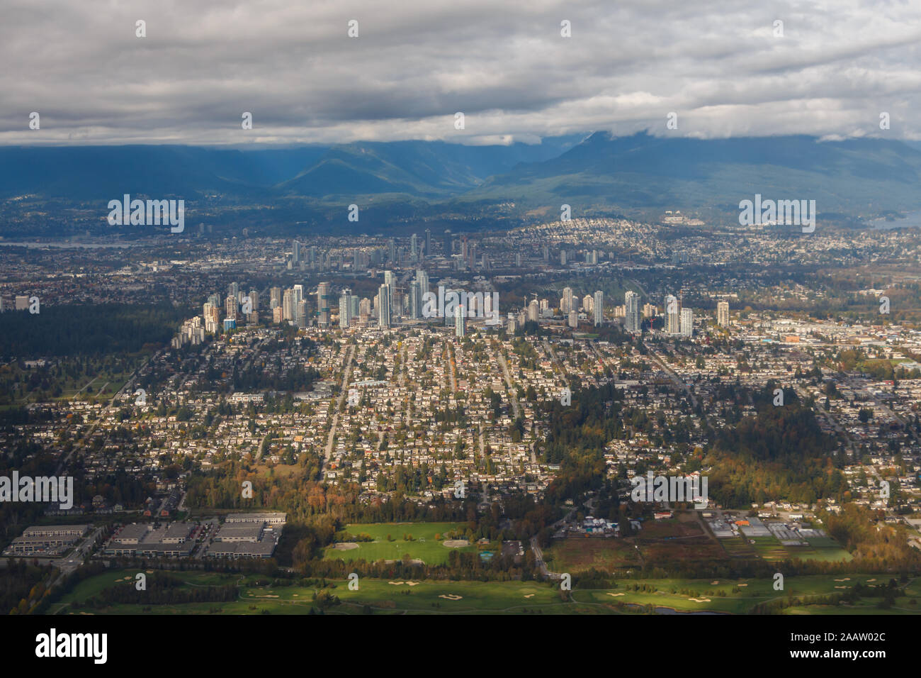 Vancouver Neighbourhoods of Burnaby and Brentwood from the air Stock Photo