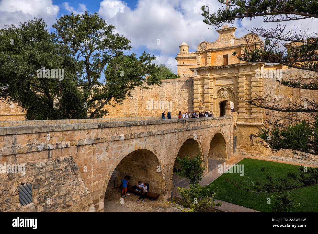 Mdina Gate (Maltese: Il-Bieb tal-Imdina) or Vilhena Gate, arched bridge to the Silent City of Mdina in Malta, Baroque style landmark from 1724 Stock Photo