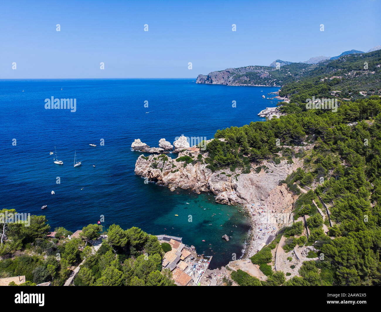 Spain, Balearic Islands, Mallorca, Region Valldemossa and Soller, Cala Deia, Aerail view of bay Stock Photo
