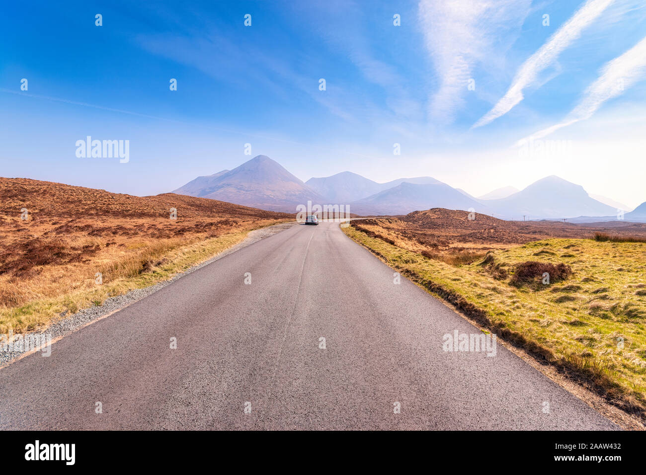 A863 road leading towards Cuillin mountains, Isle of Skye, Highlands, Scotland, UK Stock Photo