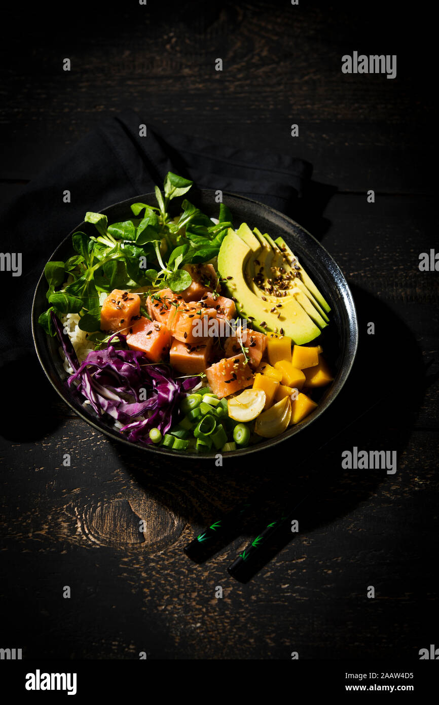 High angle view of poke bowl on table in studio Stock Photo