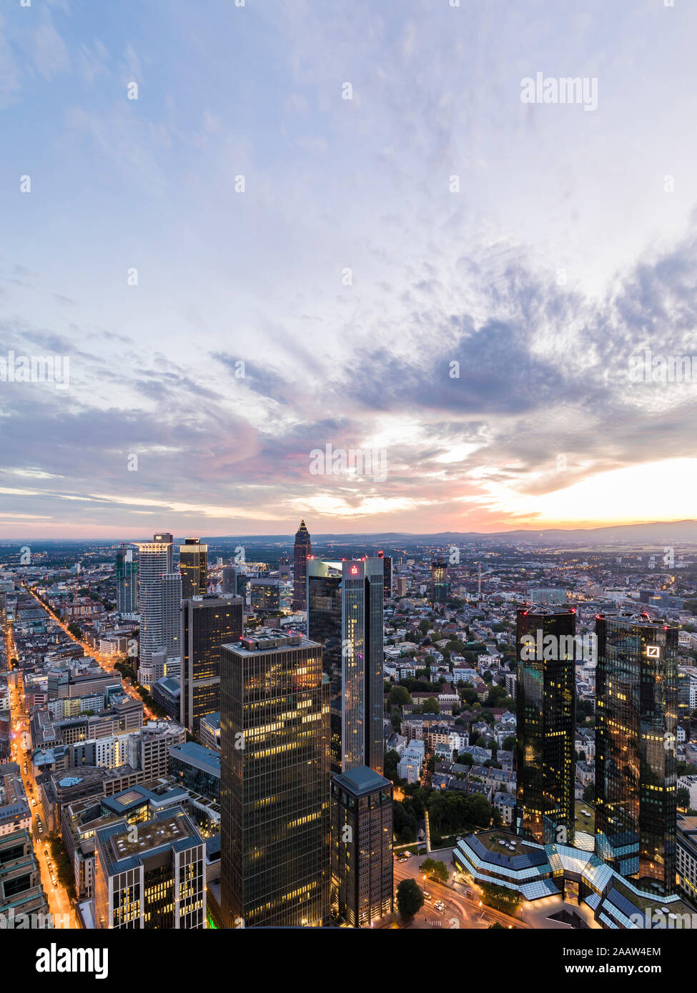 Cityscape against sky during sunset, Frankfurt, Hesse, Germany Stock Photo