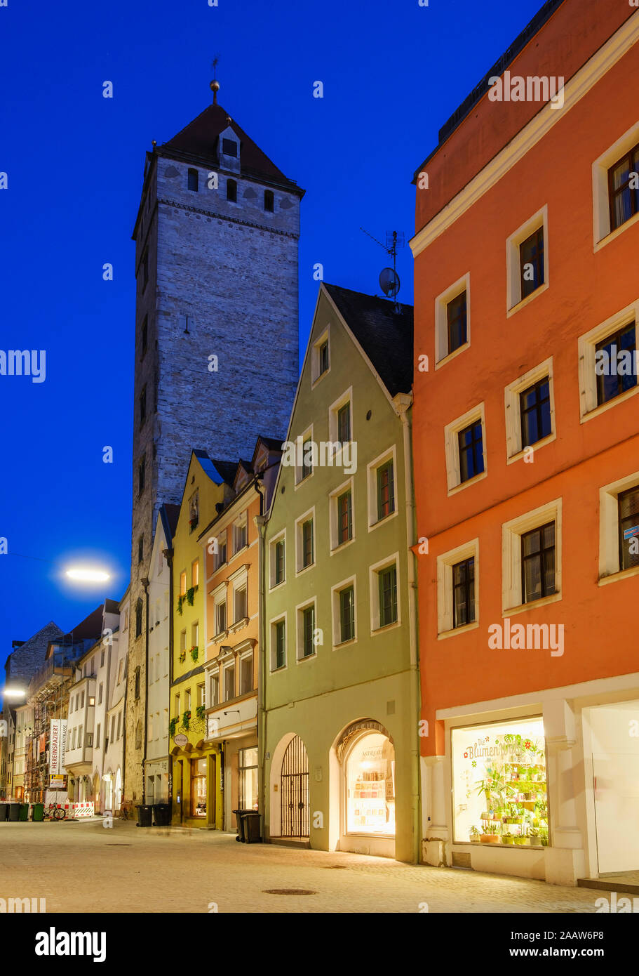 Golden tower and houses at night Wahlenstrasse, Regensburg, Upper Palatinate, Bavaria, Germany Stock Photo