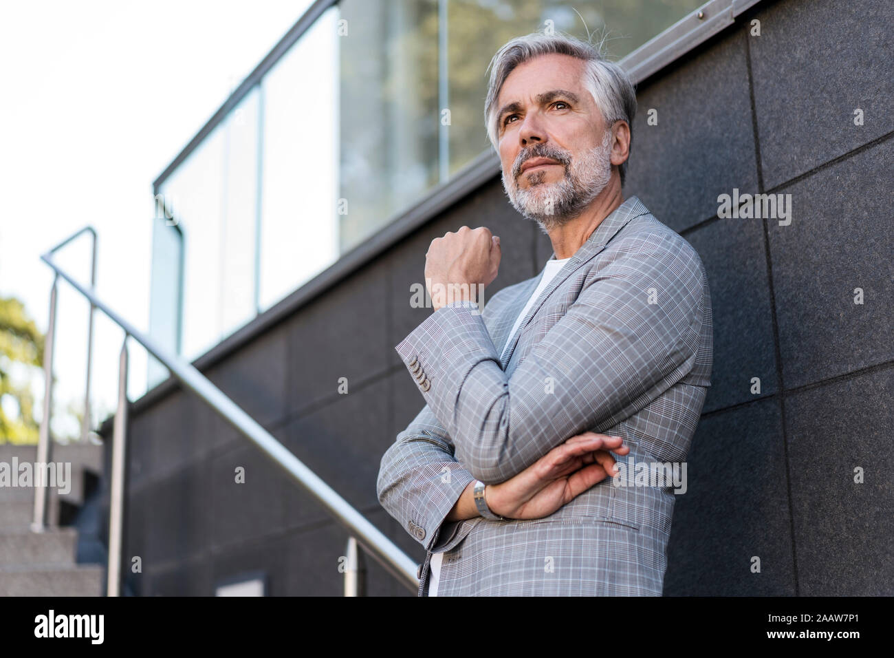 Fashionable mature businessman standing on stairs Stock Photo