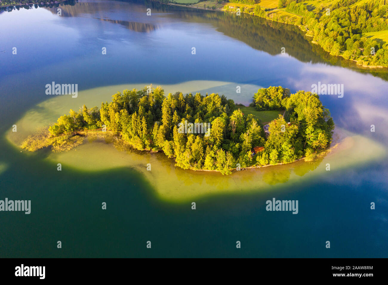 Drone shot of Worth island and Lake Schliersee Stock Photo