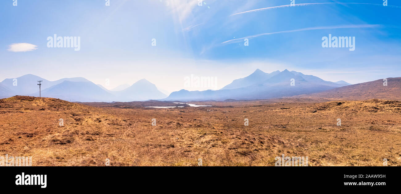 Scenic view of landscape with Cuillin mountains in background, Isle of Skye, Highlands, Scotland, UK Stock Photo